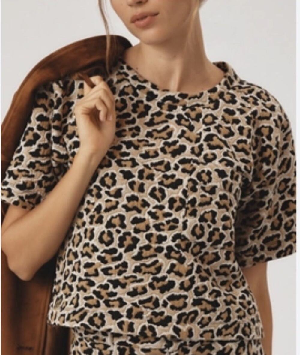 Maeve Knit Boxy Tee NWT Womens Small Animal Print Cropped Short Sleeves Boho